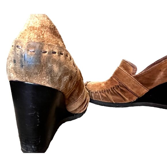 Biviel Brown Leather Wedge Loafers Sz 7 (38 EU) Womens 4" Heel w/ Side Buckle - Picture 12 of 13